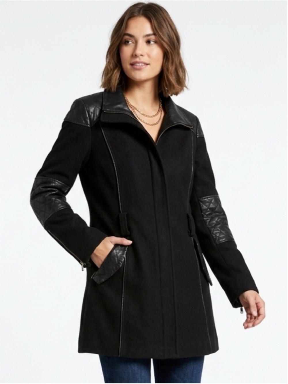 Women's Danier Black Mixed Media Wool Coat Leather Quilted Trim Thinsulate Med